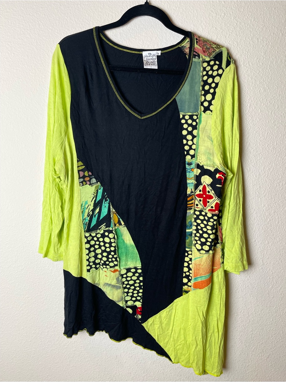 Parsley & Sage Asymmetrical Patchwork Tunic Blouse Top Size 1X Artsy Lagenlook